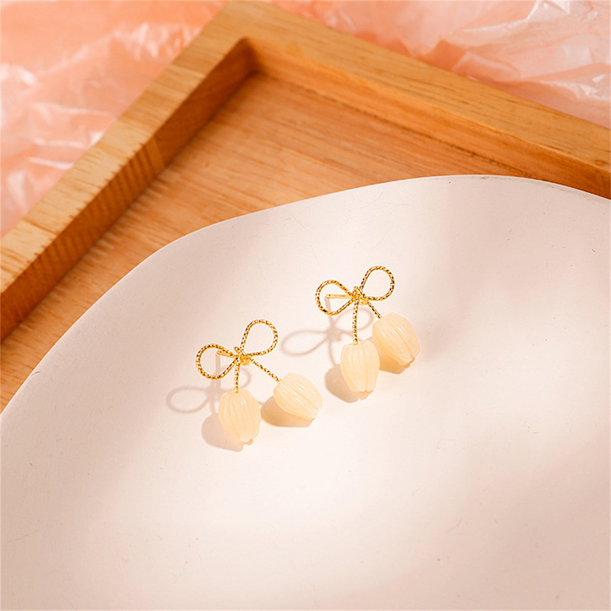 Quartz and 18K Gold-Plated Tulip Blossom Bow Stud Earrings, gold stud earrings for women, botanical inspired, lifestyle look