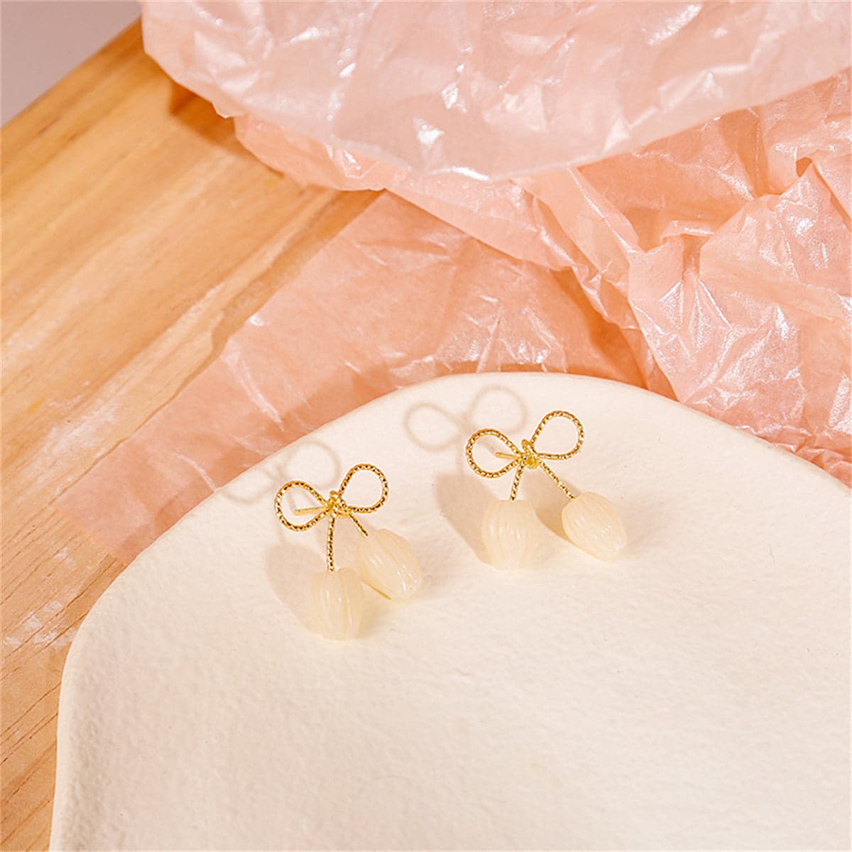 Quartz and 18K Gold-Plated Tulip Blossom Bow Stud Earrings, gold stud earrings for women, botanical inspired, detail close-up