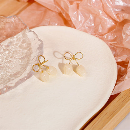 Quartz and 18K Gold-Plated Tulip Blossom Bow Stud Earrings, gold stud earrings for women, botanical inspired, styled look