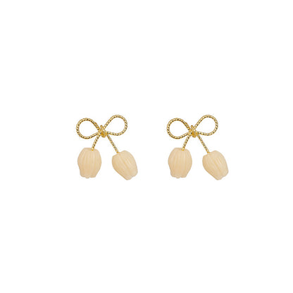 Quartz and 18K Gold-Plated Tulip Blossom Bow Stud Earrings, gold stud earrings for women, botanical inspired, side view
