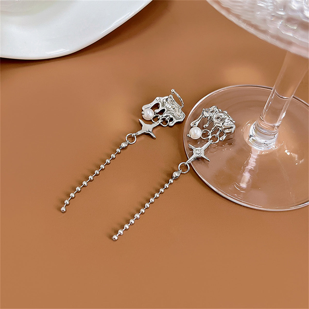 Pearl and Cubic Zirconia Silver-Plated Star Tassel Ear Cuff, silver drop earrings for women, everyday style, front view
