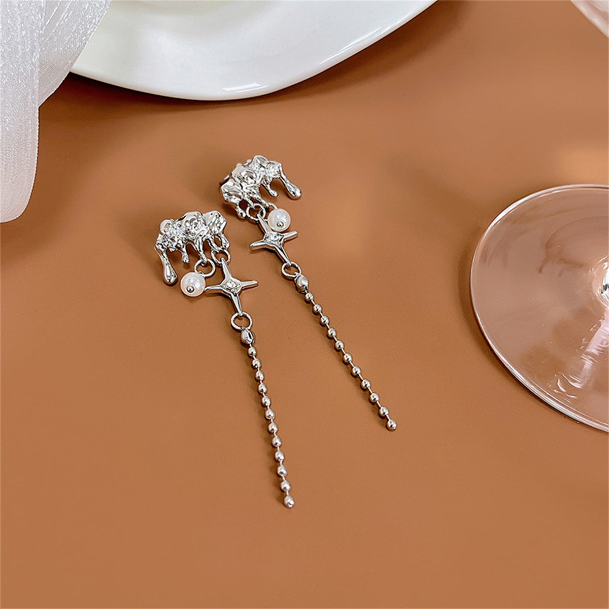 Pearl and Cubic Zirconia Silver-Plated Star Tassel Ear Cuff, silver drop earrings for women, everyday style, detail close-up