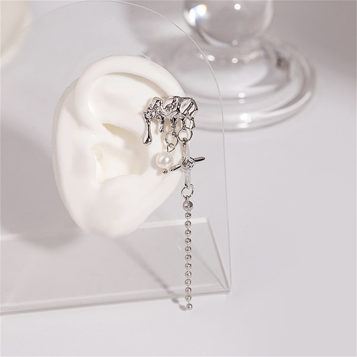 Pearl and Cubic Zirconia Silver-Plated Star Tassel Ear Cuff, silver drop earrings for women, everyday style, styled look