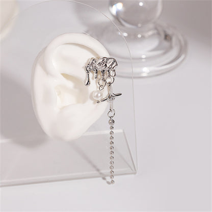 Pearl and Cubic Zirconia Silver-Plated Star Tassel Ear Cuff, silver drop earrings for women, everyday style, styled look