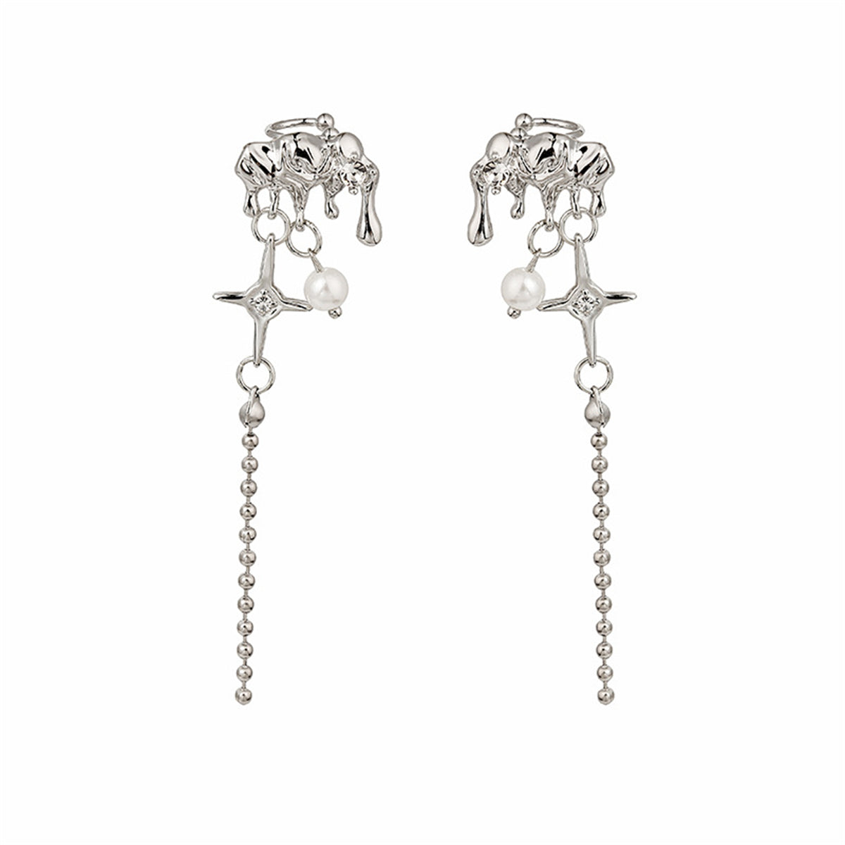 Pearl and Cubic Zirconia Silver-Plated Star Tassel Ear Cuff, silver drop earrings for women, everyday style, side view