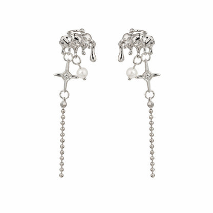 Pearl and Cubic Zirconia Silver-Plated Star Tassel Ear Cuff, silver drop earrings for women, everyday style, side view