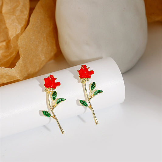 Red Enamel and 18K Gold-Plated Rose Drop Earrings, gold drop earrings for women, dainty minimalist design, front view