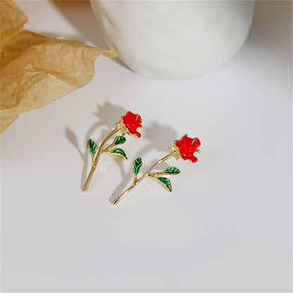 Red Enamel and 18K Gold-Plated Rose Drop Earrings, gold drop earrings for women, dainty minimalist design, detail close-up