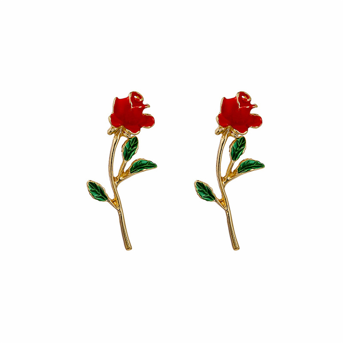 Red Enamel and 18K Gold-Plated Rose Drop Earrings, gold drop earrings for women, dainty minimalist design, side view