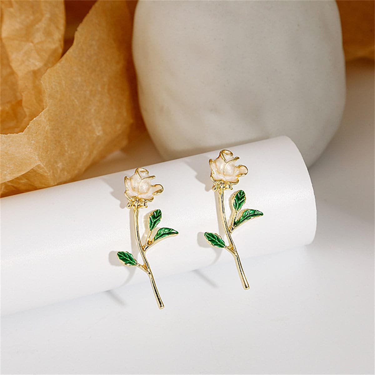 White Enamel and 18K Gold-Plated Rose Drop Earrings, gold drop earrings for women, botanical inspired, front view