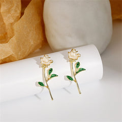 White Enamel & 18K Gold-Plated Rose Drop Earrings