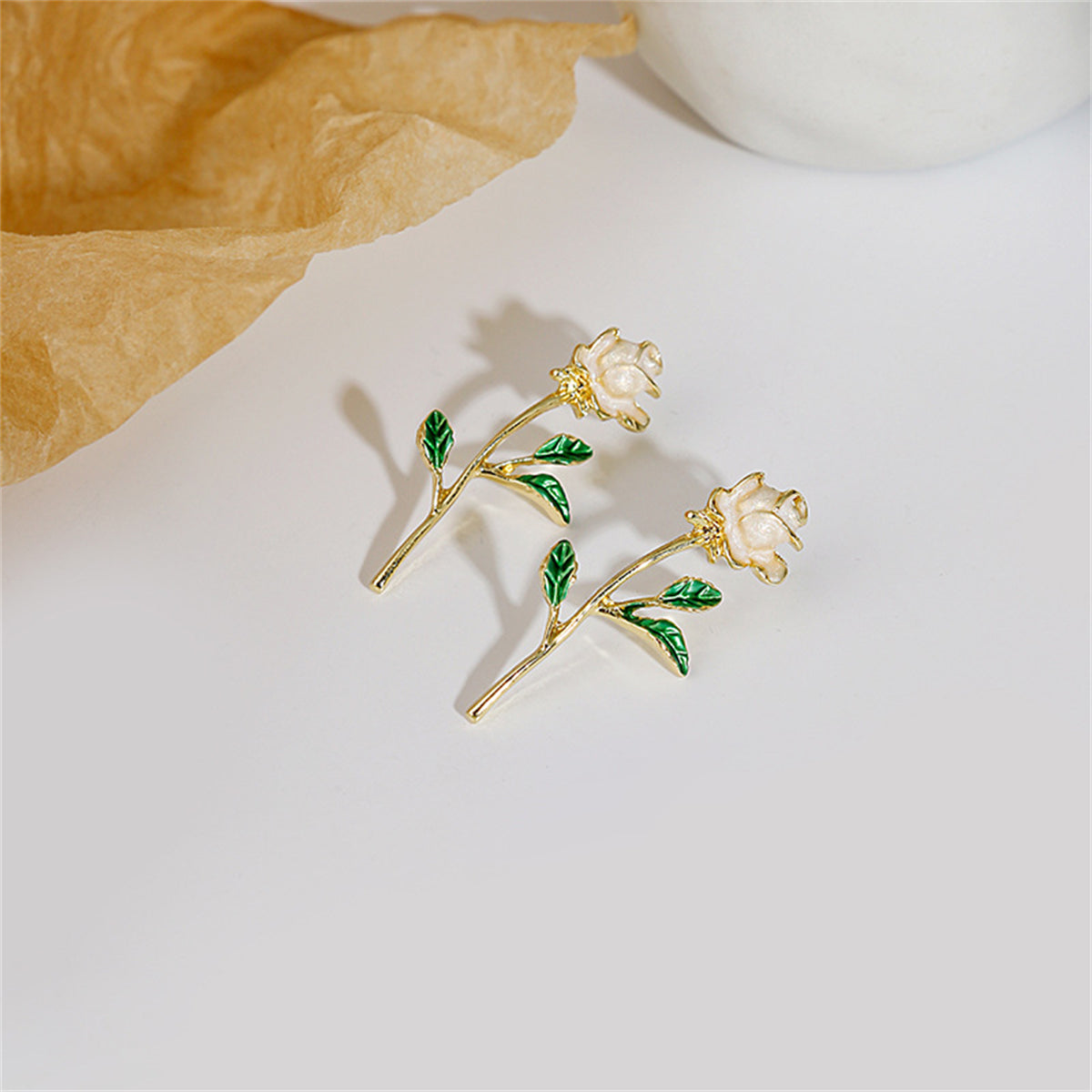 White Enamel and 18K Gold-Plated Rose Drop Earrings, gold drop earrings for women, botanical inspired, side view