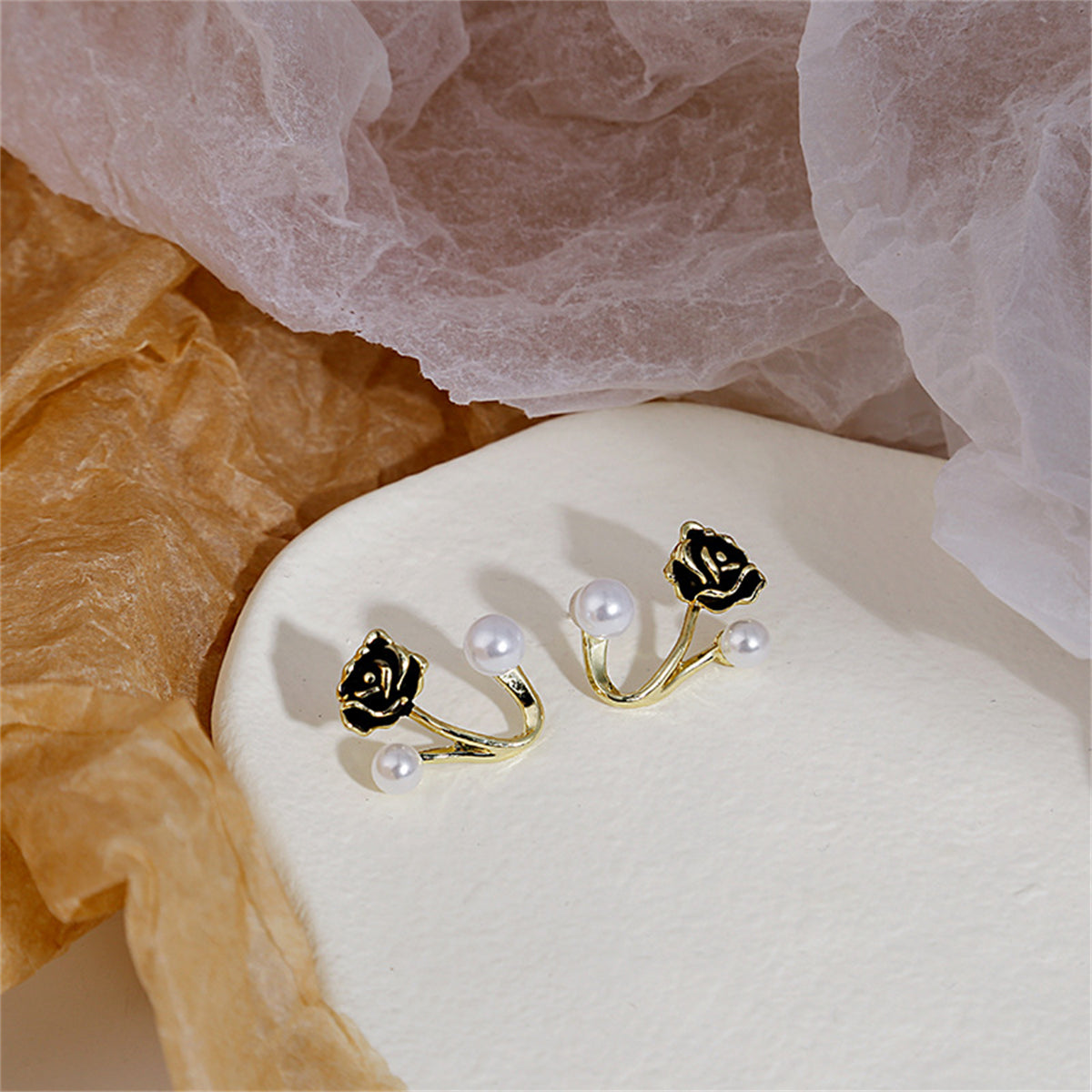 Pearl and Black Enamel 18K Gold-Plated Rose Ear Jackets, gold stud earrings for women, everyday style, front view