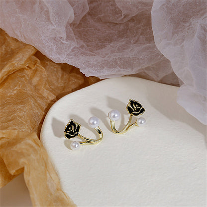 Pearl and Black Enamel 18K Gold-Plated Rose Ear Jackets, gold stud earrings for women, everyday style, front view