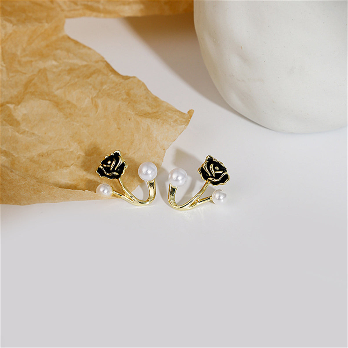 Pearl and Black Enamel 18K Gold-Plated Rose Ear Jackets, gold stud earrings for women, everyday style, side view