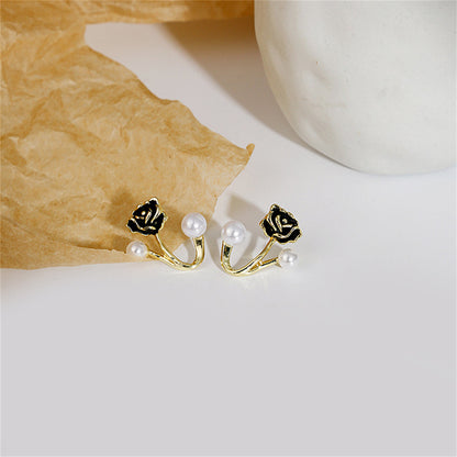 Pearl and Black Enamel 18K Gold-Plated Rose Ear Jackets, gold stud earrings for women, everyday style, side view