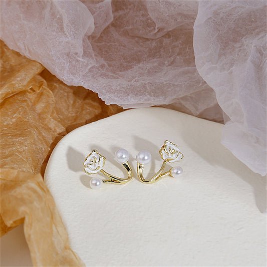 Pearl and White Enamel 18K Gold-Plated Rose Ear Jackets, gold stud earrings for women, vintage-inspired design, front view