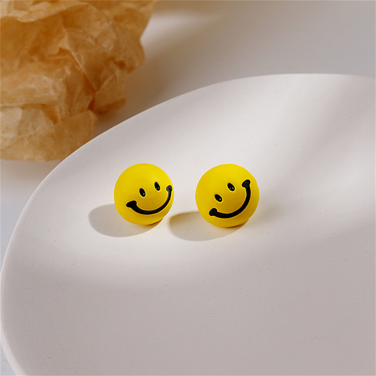 Yellow Enamel and Silver-Plated Smiley Stud Earrings, silver stud earrings for women, botanical inspired, detail close-up