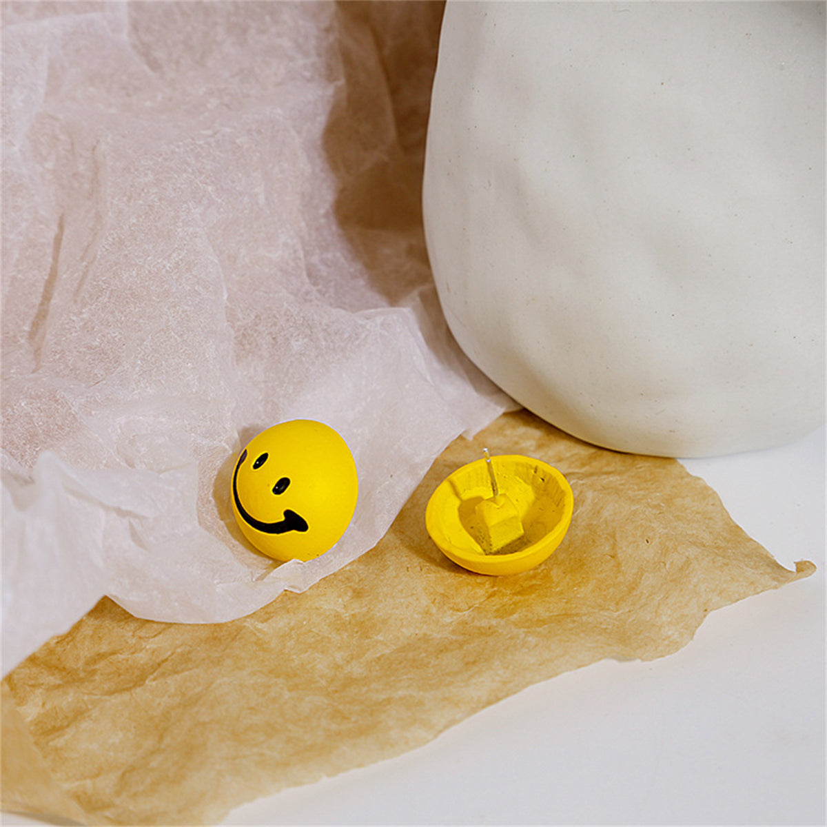 Yellow Enamel and Silver-Plated Smiley Stud Earrings, silver stud earrings for women, botanical inspired, styled look