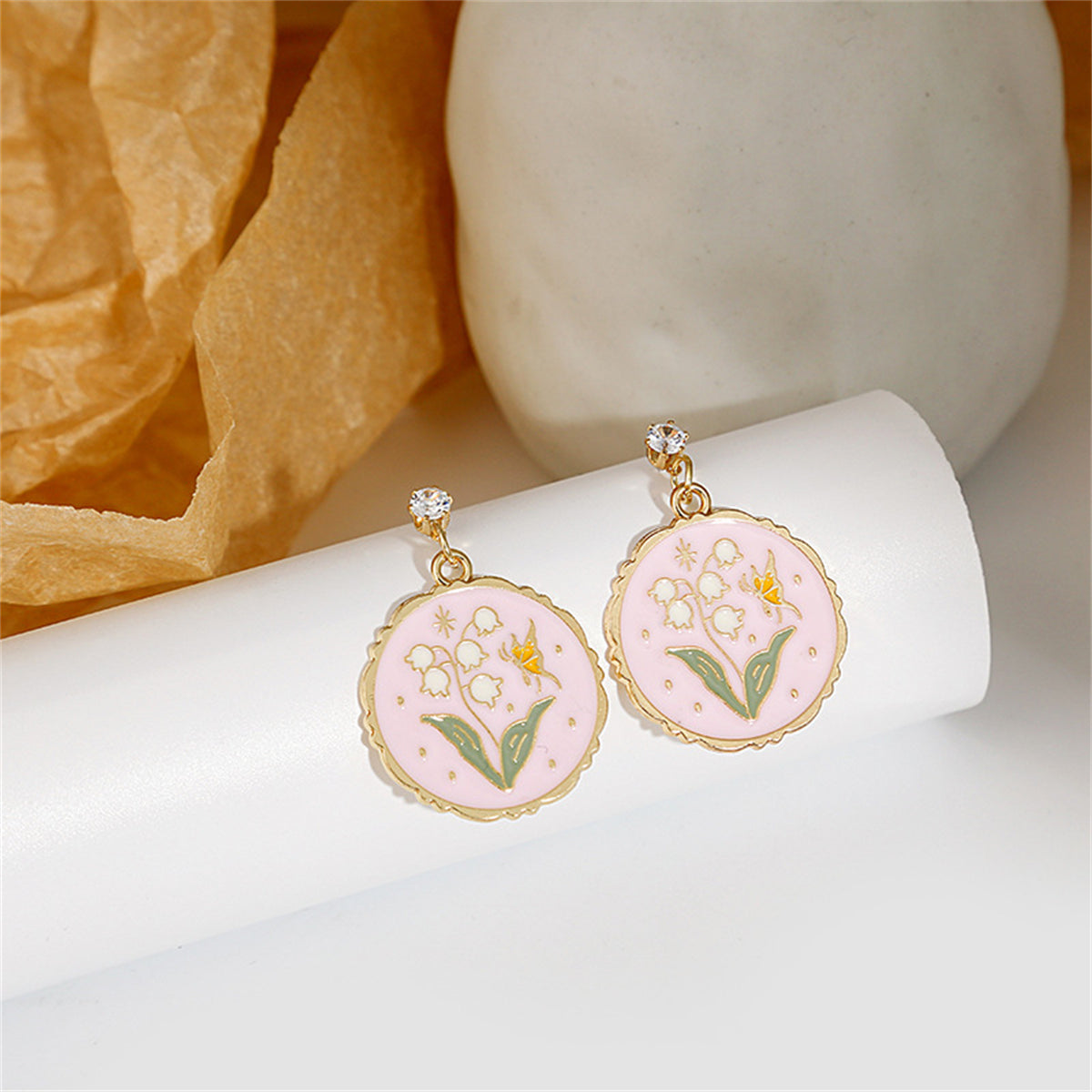 Pink Enamel and 18K Gold-Plated Lily Of The Valley Drop Earrings, gold drop earrings for women, front view