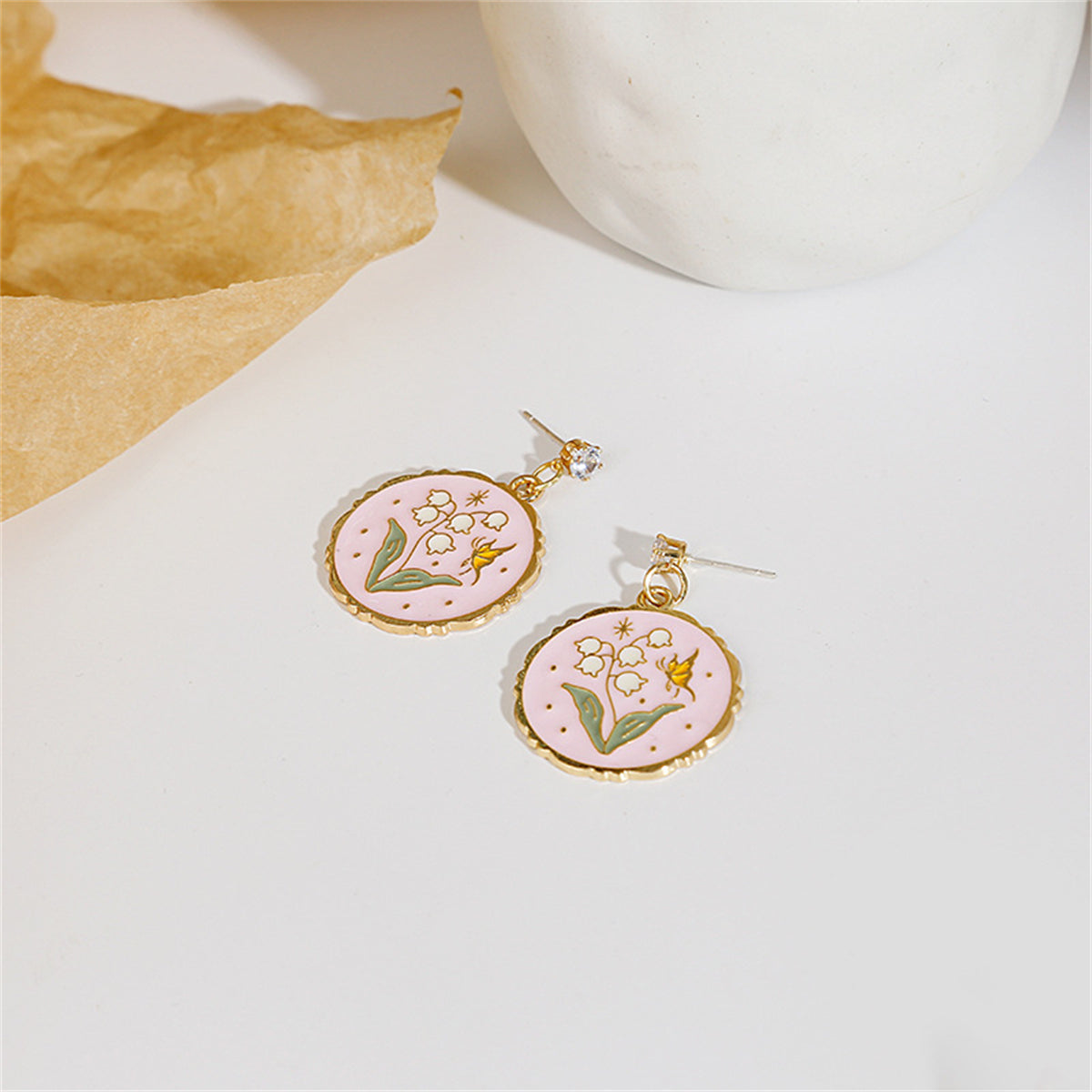 Pink Enamel and 18K Gold-Plated Lily Of The Valley Drop Earrings, gold drop earrings for women, side view