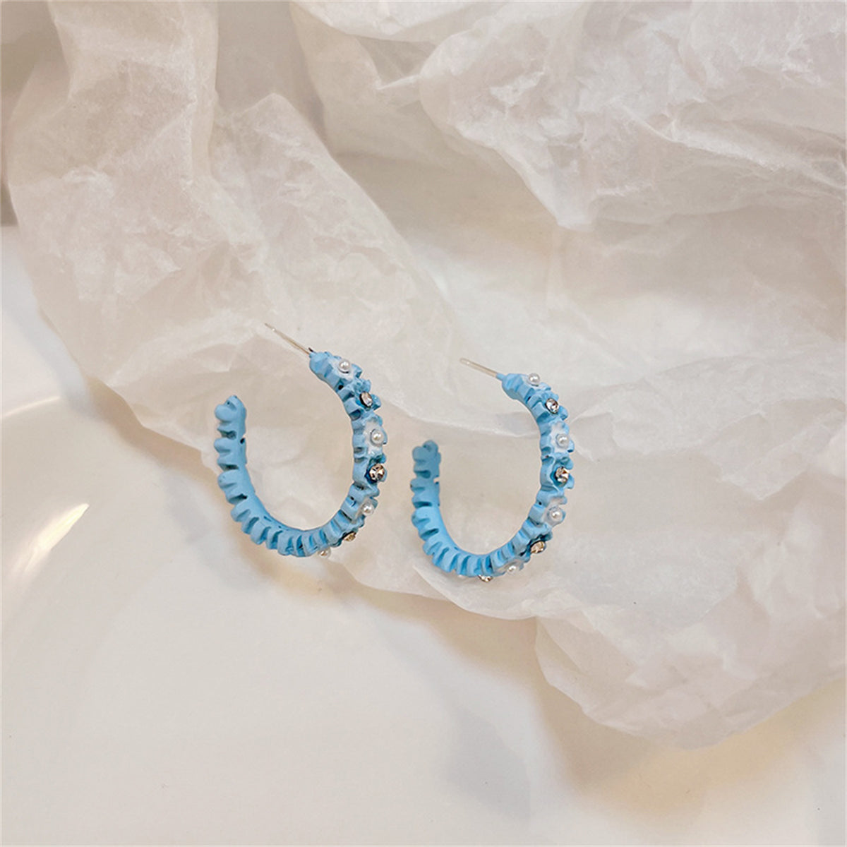 Pearl and Cubic Zirconia Blue Flower Huggie Earrings, huggie earrings, vintage-inspired design, detail close-up