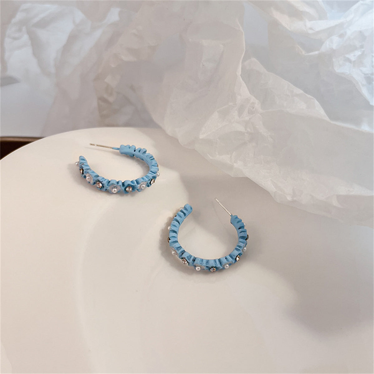 Pearl and Cubic Zirconia Blue Flower Huggie Earrings, huggie earrings, vintage-inspired design, styled look
