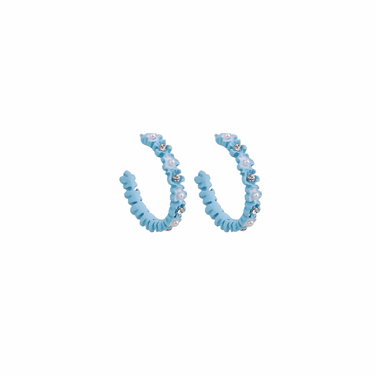 Pearl and Cubic Zirconia Blue Flower Huggie Earrings, huggie earrings, vintage-inspired design, side view