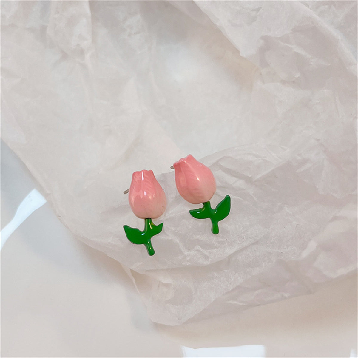 Pink and Green Tulip Stud Earrings, stud earrings for women, botanical inspired, front view