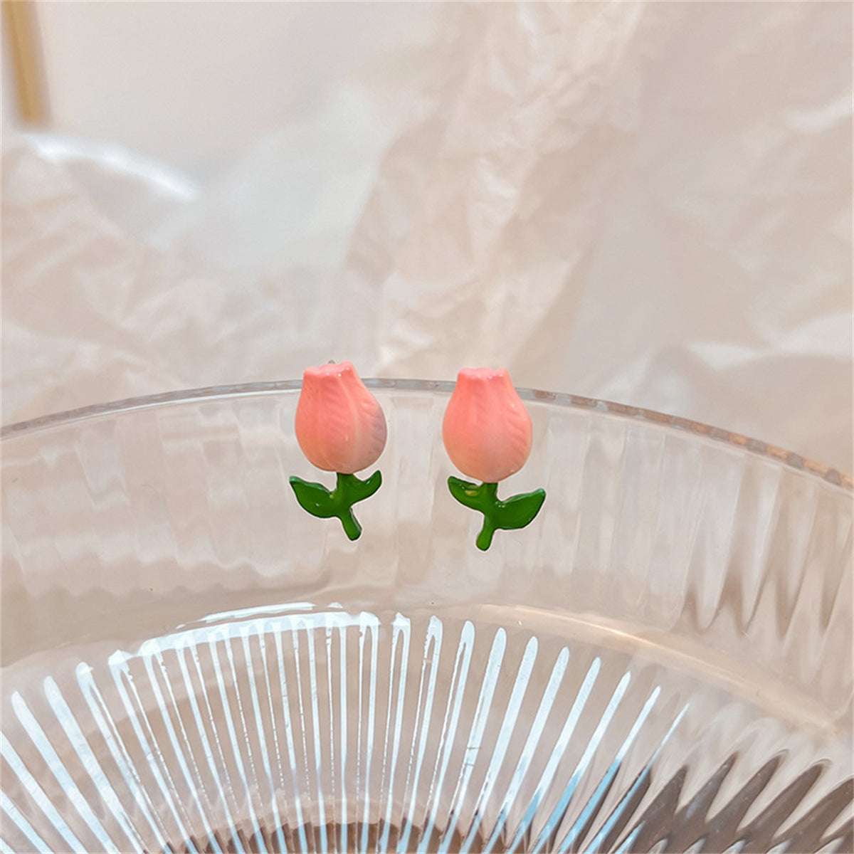 Pink and Green Tulip Stud Earrings, stud earrings for women, botanical inspired, side view
