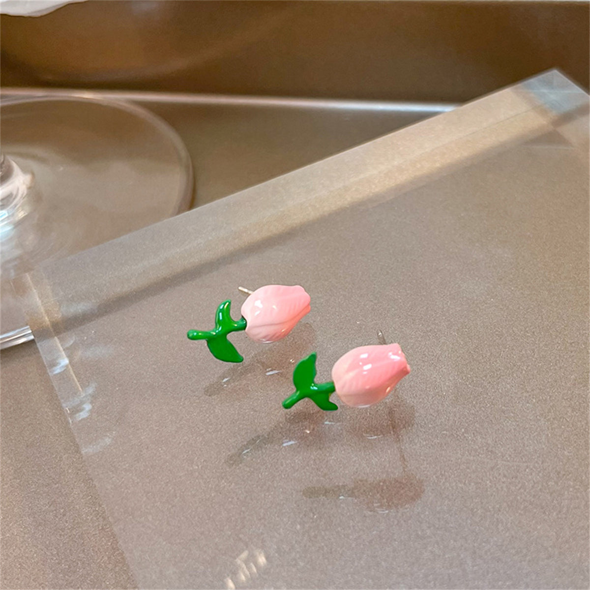 Pink and Green Tulip Stud Earrings, stud earrings for women, botanical inspired, detail close-up