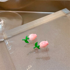 Pink & Green Tulip Stud Earrings