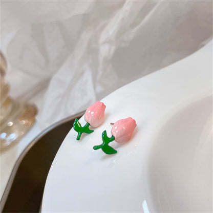 Pink and Green Tulip Stud Earrings, stud earrings for women, botanical inspired, lifestyle look