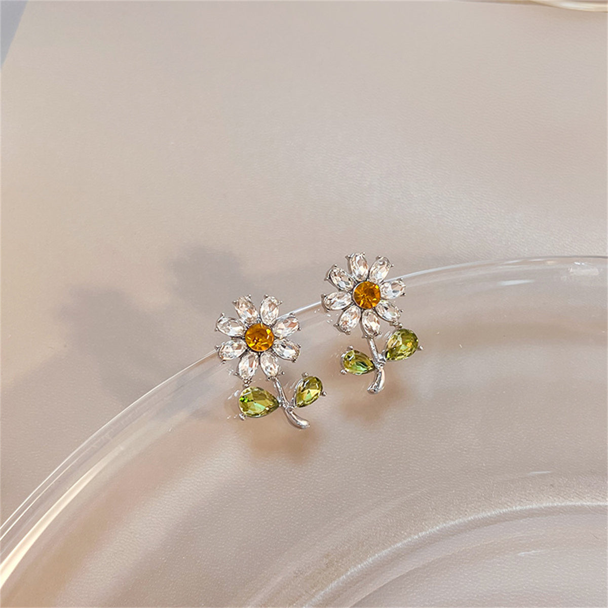 Green Crystal and Silver-Plated Flower Stud Earrings, silver stud earrings for women, elegant gift for her, front view