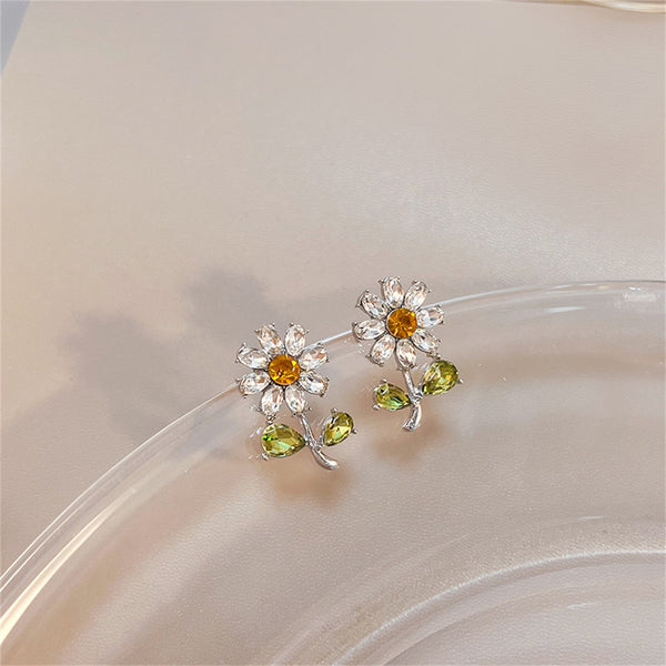 Green Crystal & Silver-Plated Flower Stud Earrings