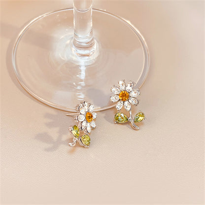Green Crystal and Silver-Plated Flower Stud Earrings, silver stud earrings for women, elegant gift for her, side view