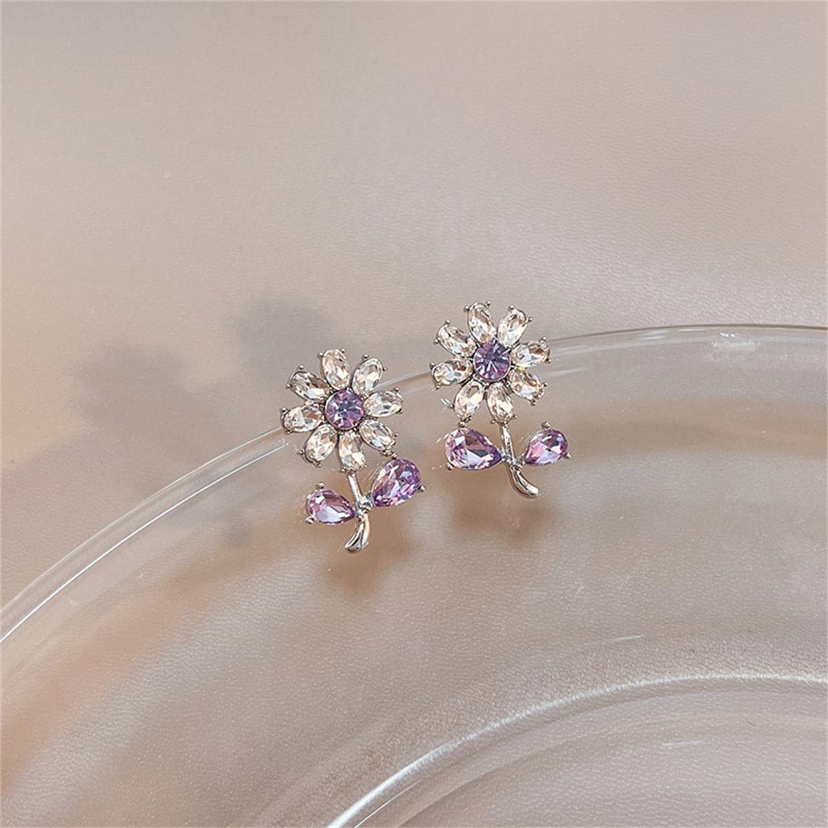 Purple Crystal and Silver-Plated Flower Stud Earrings, silver stud earrings for women, dainty minimalist design, side view