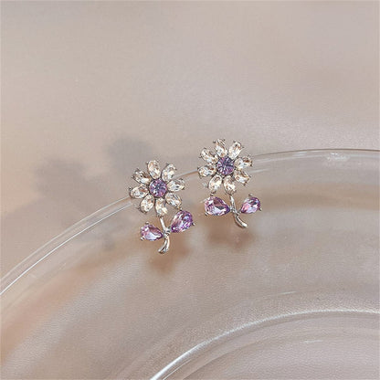Purple Crystal and Silver-Plated Flower Stud Earrings, silver stud earrings for women, dainty minimalist design, side view