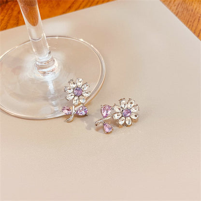 Purple Crystal and Silver-Plated Flower Stud Earrings, silver stud earrings for women, dainty minimalist design, front view