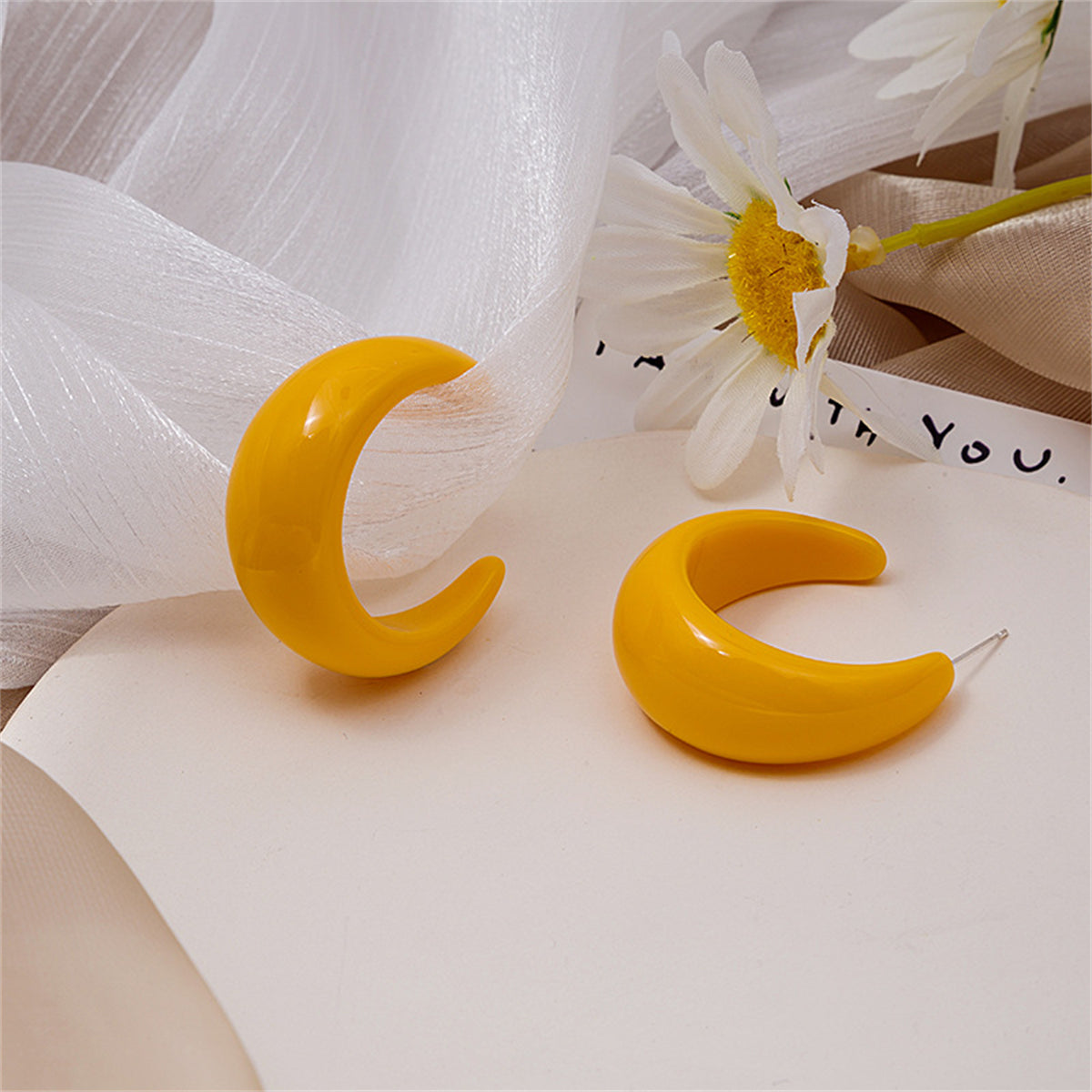 Orange Resin & Silver-Plated Crescent Huggie Earrings