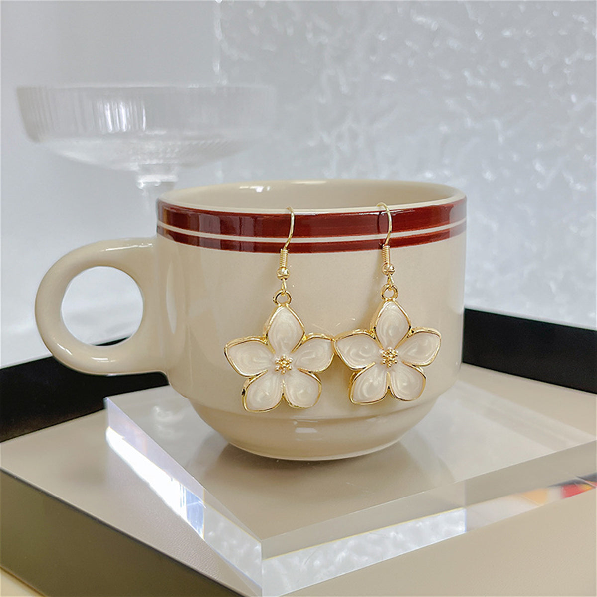White Enamel and 18K Gold-Plated Flower Drop Earrings, gold drop earrings for women, everyday style, front view