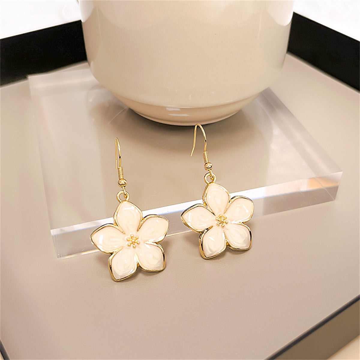 White Enamel and 18K Gold-Plated Flower Drop Earrings, gold drop earrings for women, everyday style, side view