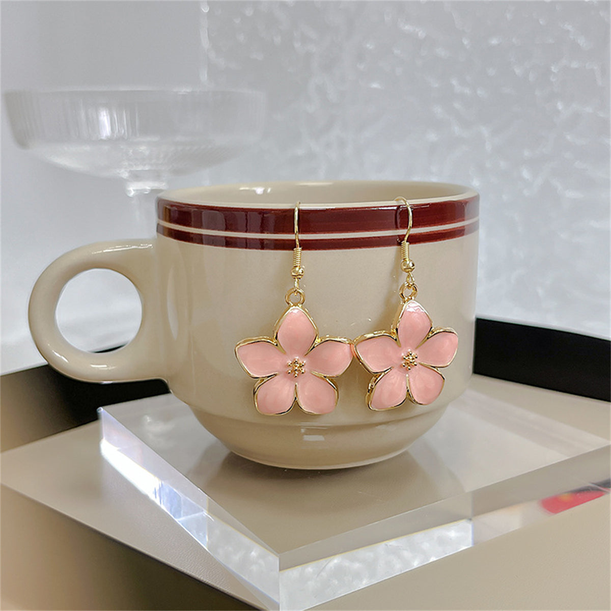 Pink Enamel and 18K Gold-Plated Flower Drop Earrings, gold drop earrings for women, dainty minimalist design, front view