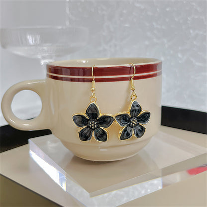 Black Enamel and 18K Gold-Plated Flower Drop Earrings, gold drop earrings for women, vintage-inspired design, front view