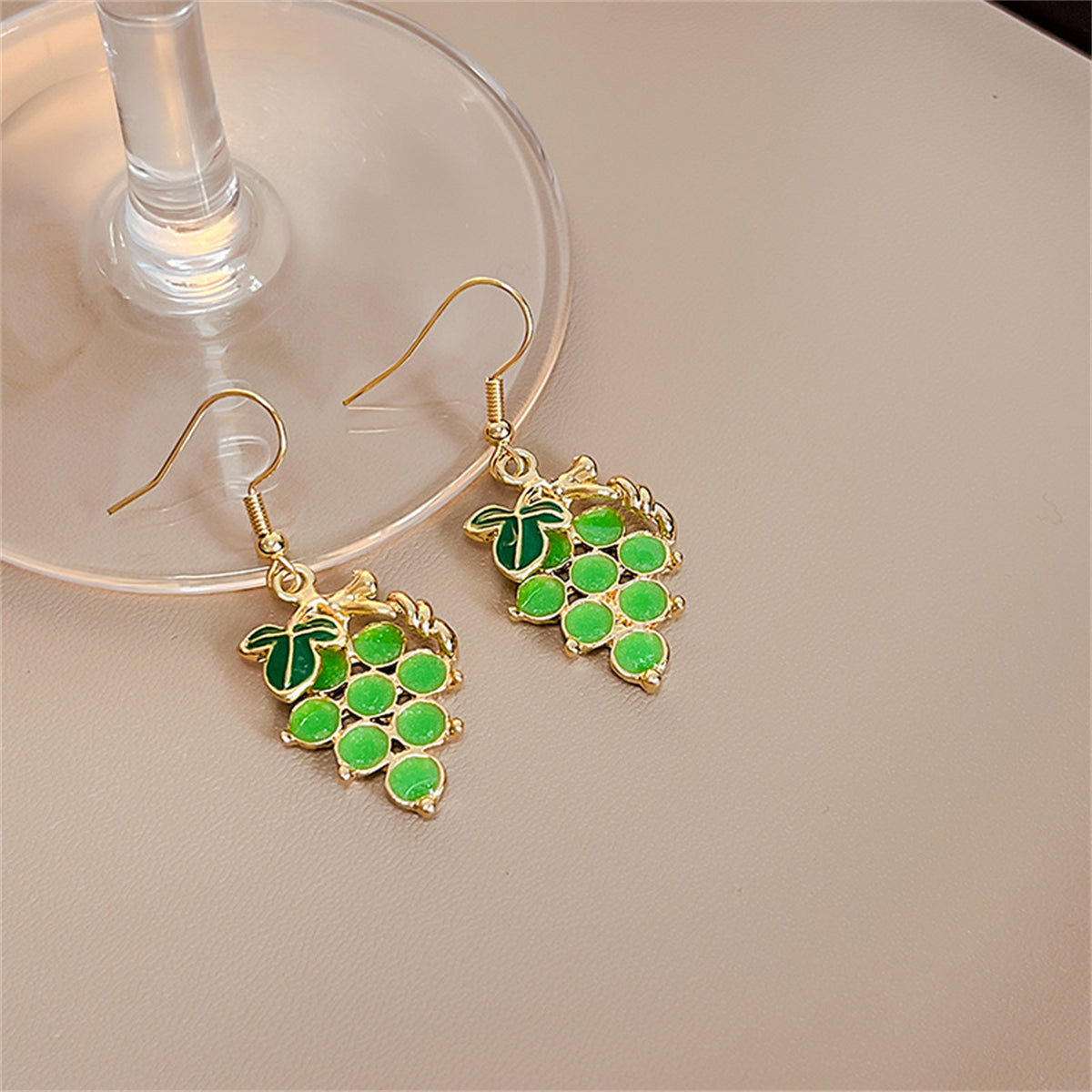 Green Resin and 18K Gold-Plated Grape Drop Earrings, gold drop earrings for women, elegant gift for her, front view