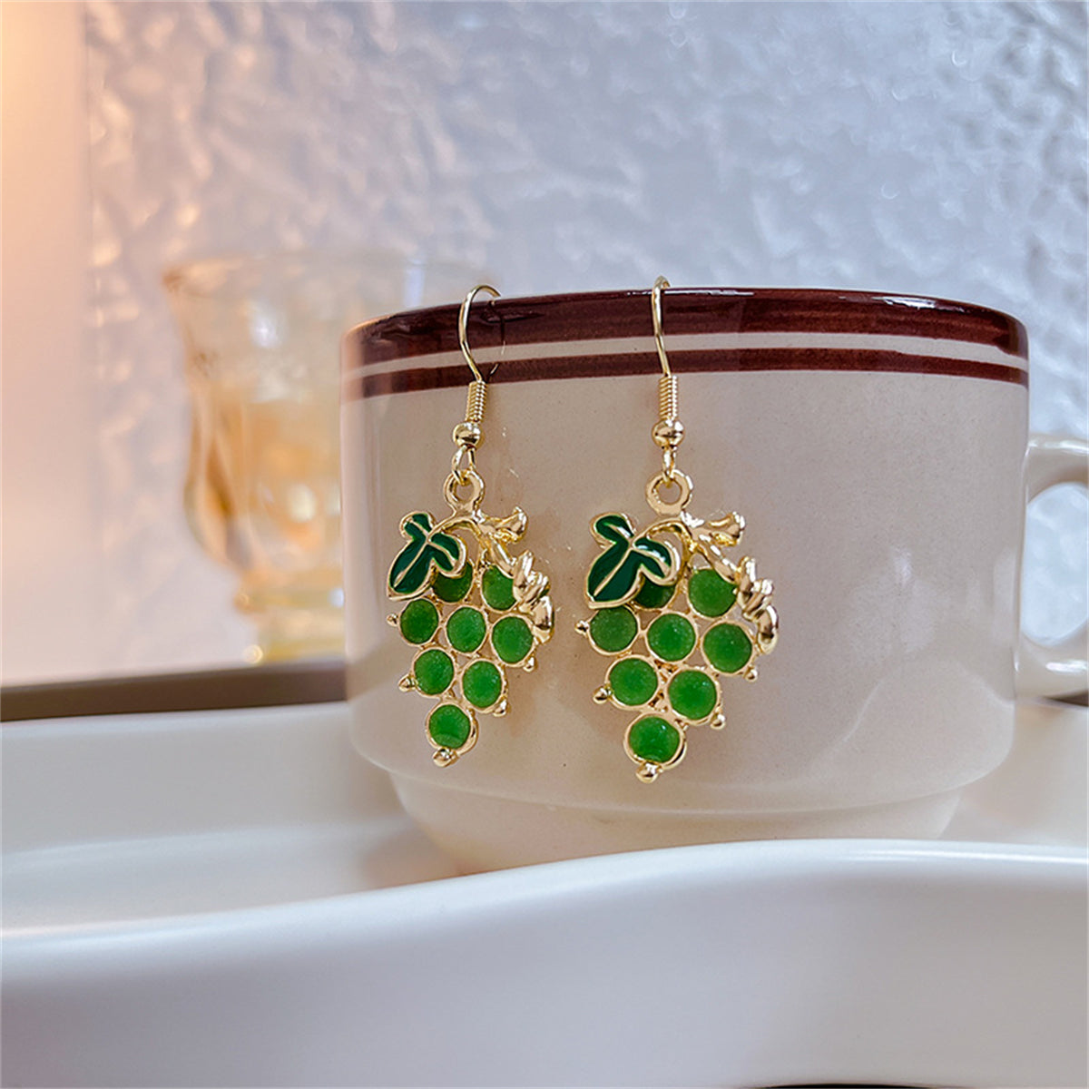 Green Resin and 18K Gold-Plated Grape Drop Earrings, gold drop earrings for women, elegant gift for her, side view