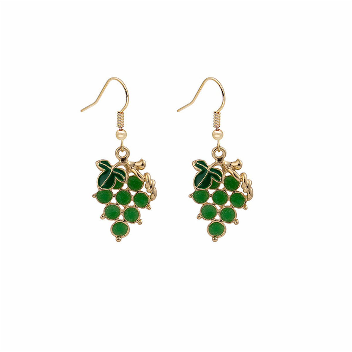 Green Resin and 18K Gold-Plated Grape Drop Earrings, gold drop earrings for women, elegant gift for her, detail close-up