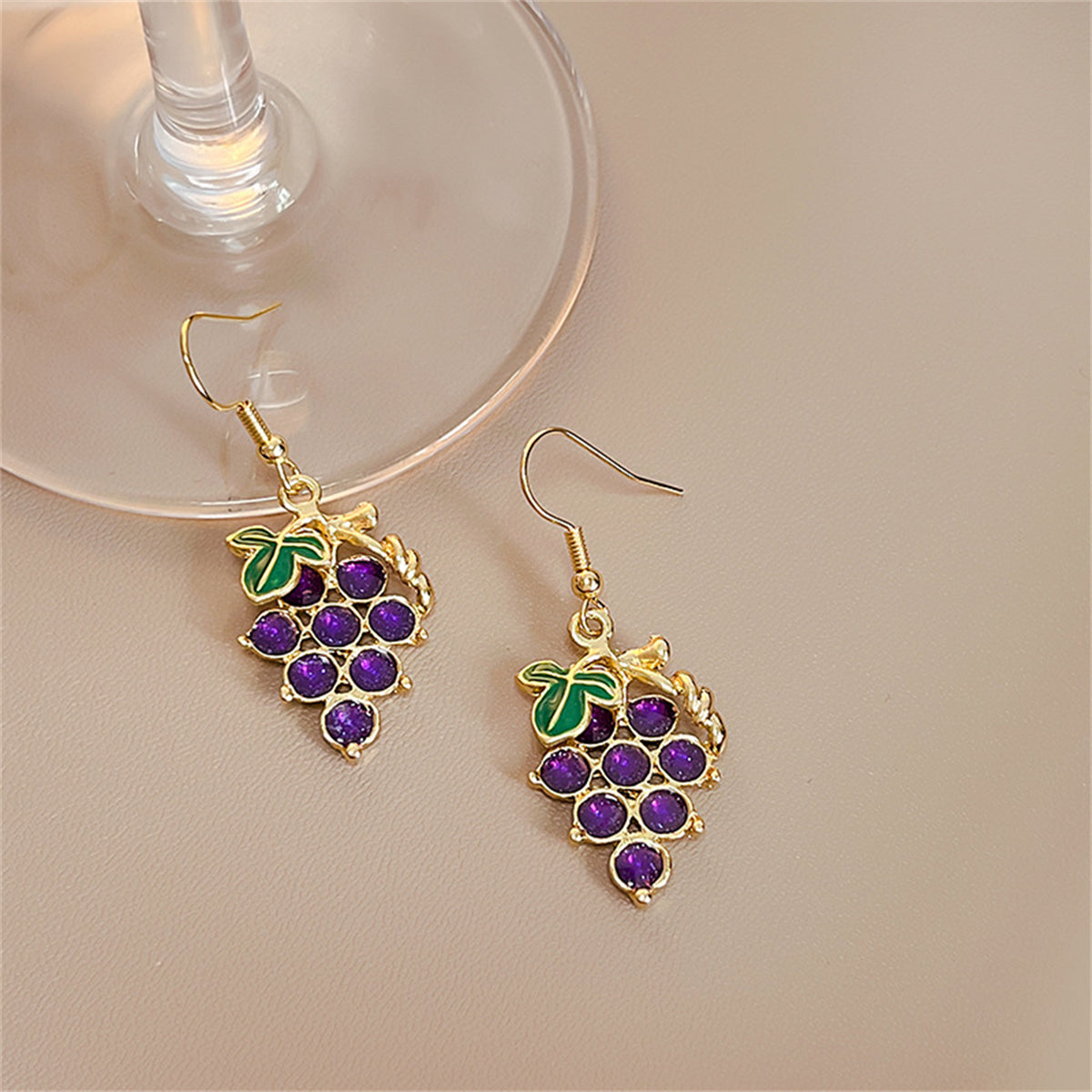 Purple Resin and 18K Gold-Plated Grape Drop Earrings, gold drop earrings for women, vintage-inspired design, front view