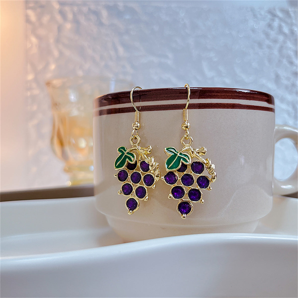 Purple Resin and 18K Gold-Plated Grape Drop Earrings, gold drop earrings for women, vintage-inspired design, side view