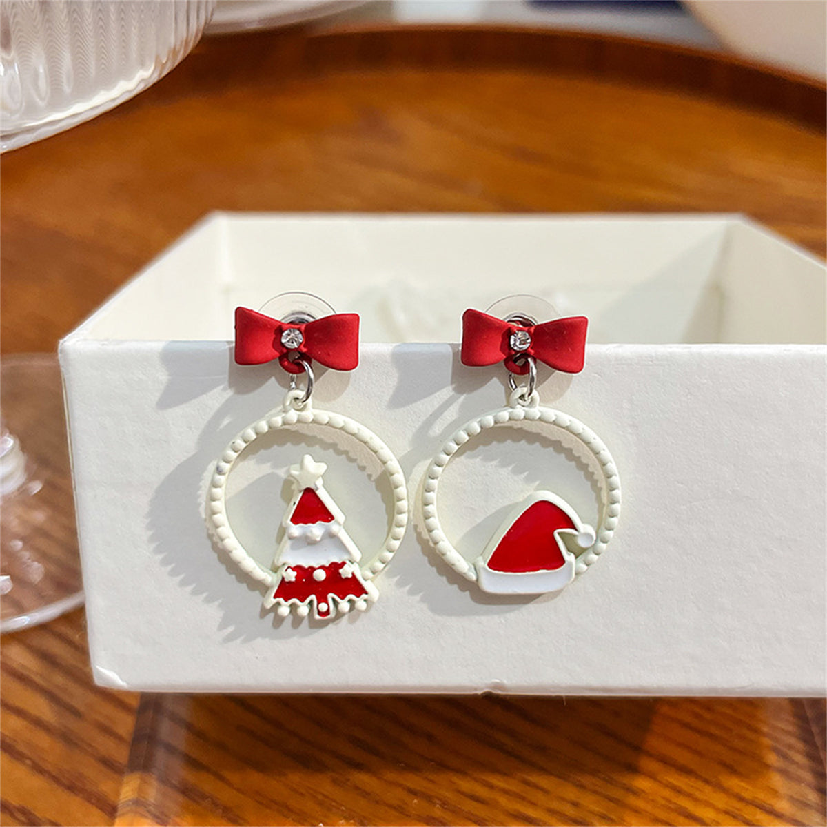 White and Red Hat Christmas Tree Circle Mismatch Drop Earrings, drop earrings for women, elegant gift for her, front view